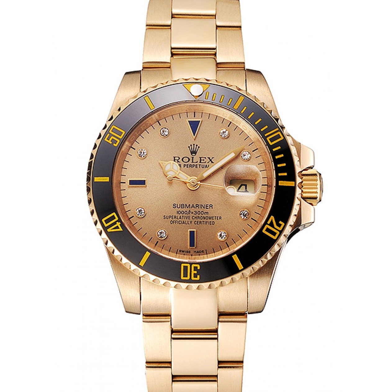 Rolex aaa copy Rolex Case Yellow Swiss Gold Bracelet And Submariner Diamond Markings With Black Dial Bezel Gold 0616